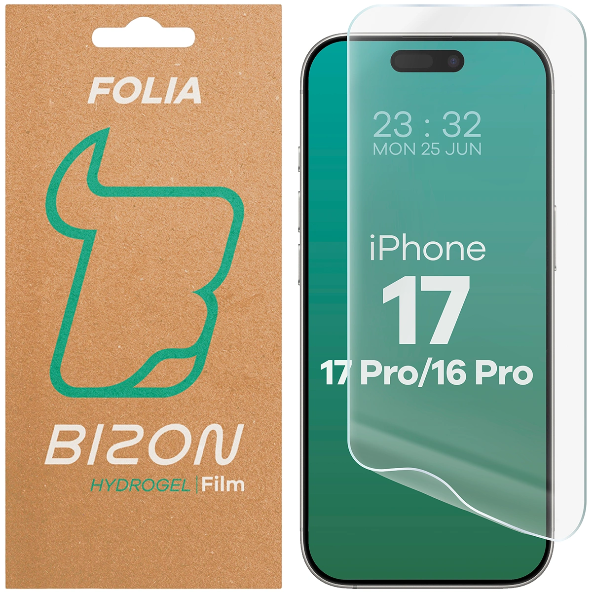 Pudełko i folia hydrożelowa na ekran Bizon Film Hydrogel Front do iPhone 17 Pro / 17 / 16 Pro
